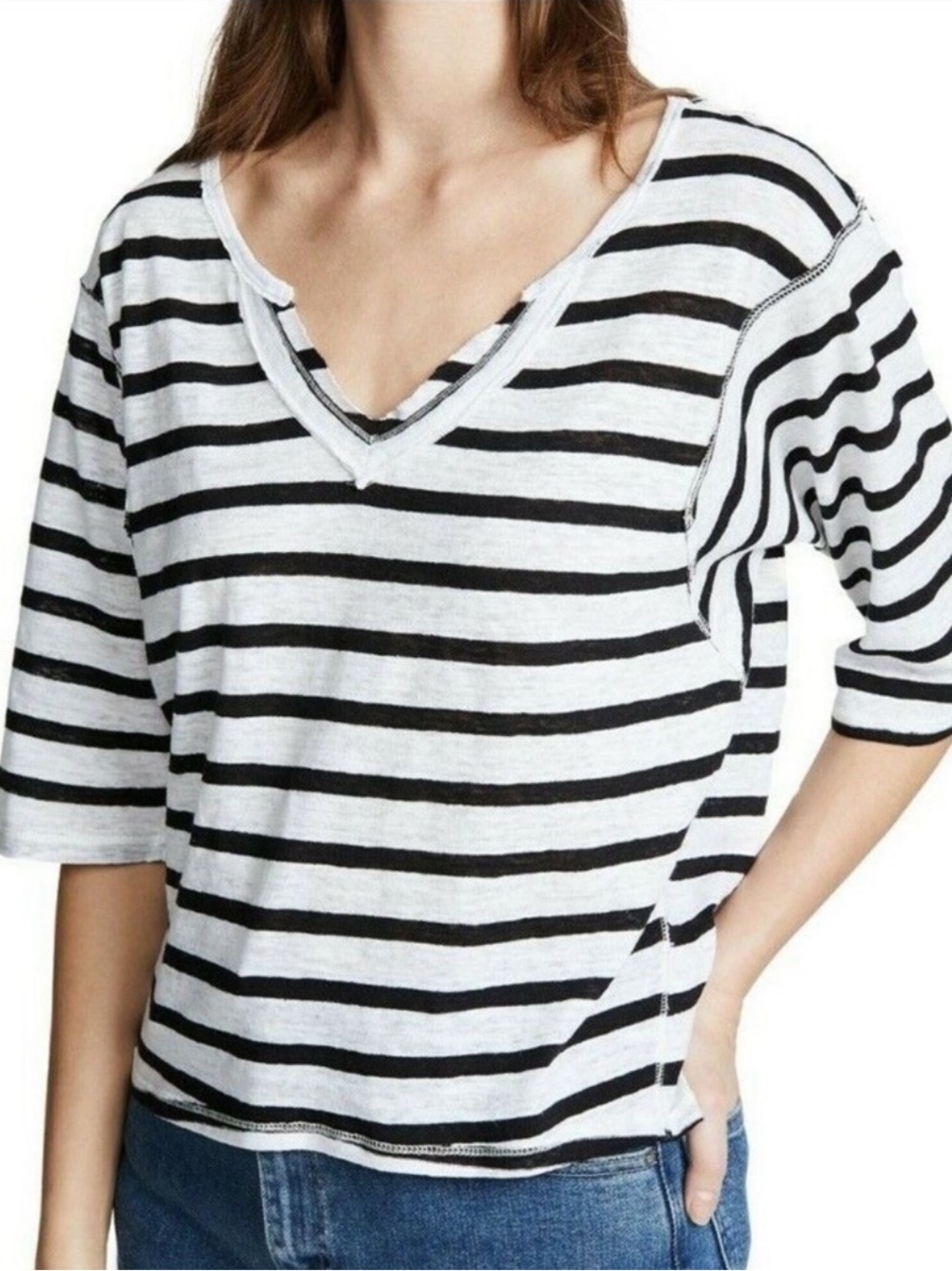We The Free Oversized XS HEAD IN THE CLOUDS STRIPE SPLIT V-NECK TOP WHITE